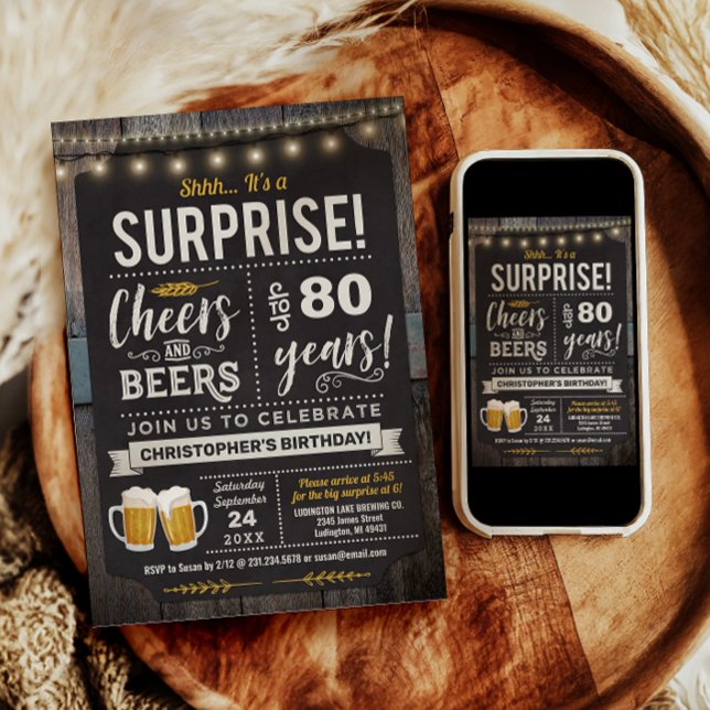 Invitación de cumpleaños 80 sorpresa Cheers and Be (Surprise Cheers and Beers 80th Birthday Invitation)