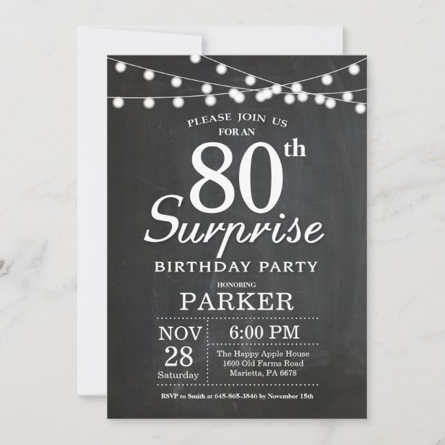 Invitación de cumpleaños 80 sorpresa en pizarra (Anverso)