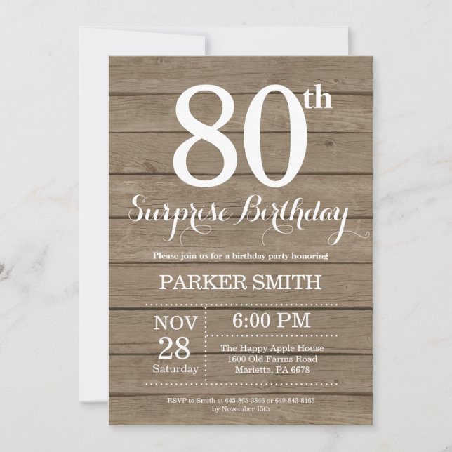 Invitación de cumpleaños 80 sorpresa rústica (Anverso)