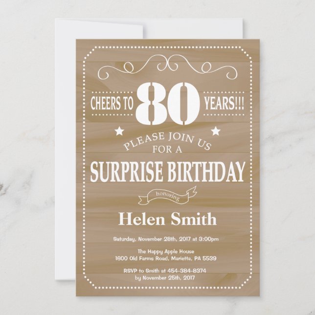 Invitación de cumpleaños 80 sorpresa rústica (Anverso)