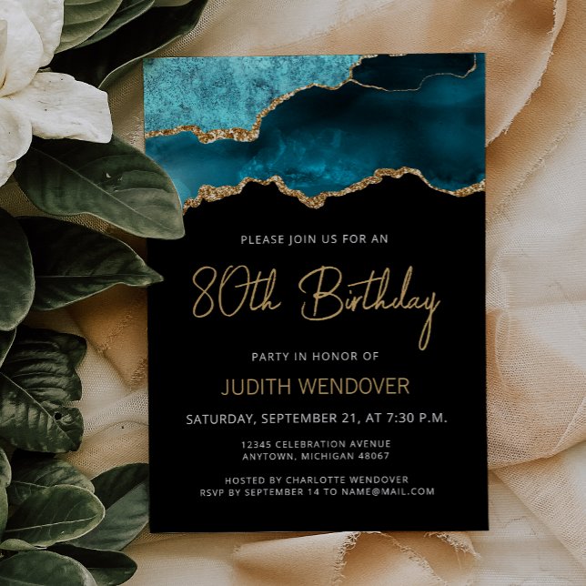 Invitación de cumpleaños 80 Teal Blue Gold Agate (Subido por el creador)