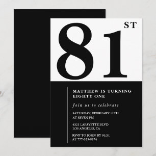 Invitación de cumpleaños 81 elegante en blanco y n