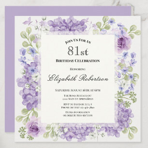 Invitación de cumpleaños 81 elegante flores púrpur