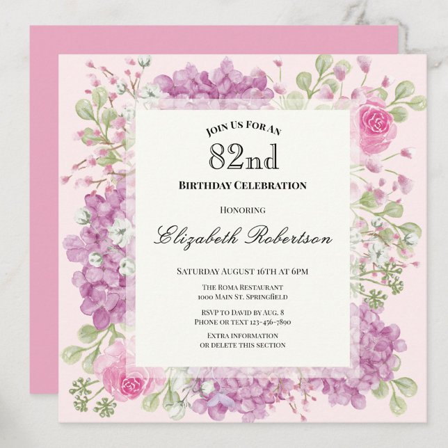 Invitación de cumpleaños 82 elegante flores rosada (Subido por el creador)