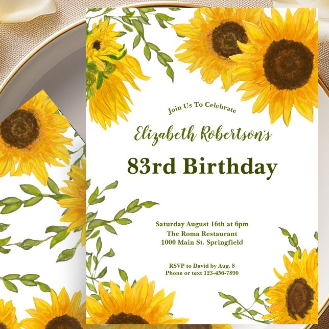 Invitación de cumpleaños 83 con girasoles acuarela (Subido por el creador)