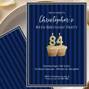 Invitación de cumpleaños 84 única azul dorado para