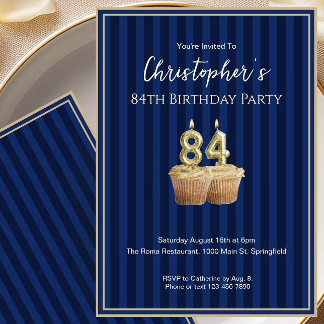 Invitación de cumpleaños 84 única azul dorado para (Subido por el creador)