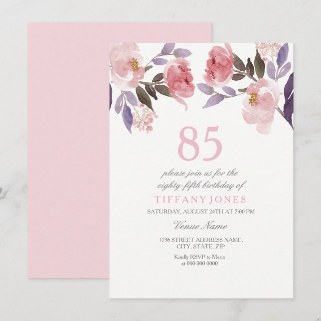 Invitación de cumpleaños 85º color de agua floral  (Anverso / Reverso)
