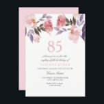 Invitación de cumpleaños 85º color de agua floral<br><div class="desc">Peach Peach Peach Purple Floral acuarela 85th Birthday Invite a un hermoso y elegante diseño de acuarela floral Personalizable completo / personalizado Heirloom Peonies Diseño cortesía de: https://www.etsy.com/shop/SmallHouseBigPony</div>