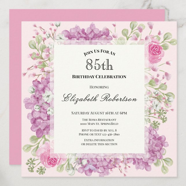 Invitación de cumpleaños 85 elegante flores rosada (Subido por el creador)