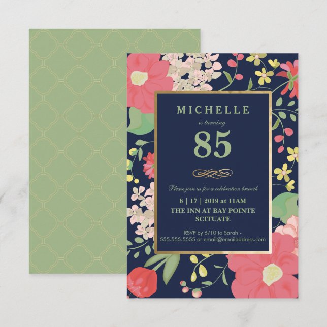 Invitación de cumpleaños 85 - Oro, elegante floral (Anverso / Reverso)