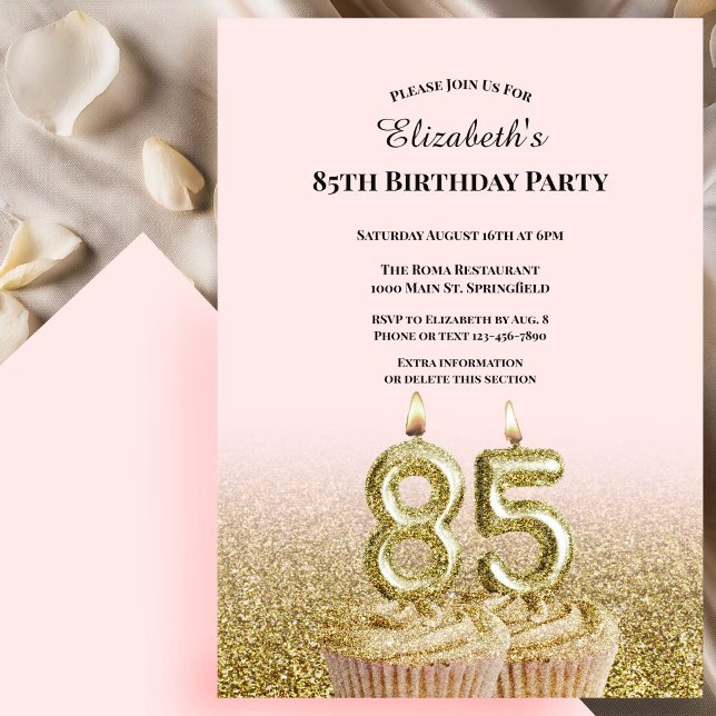 Invitación de cumpleaños 85 para ella en rosa y do (Subido por el creador)