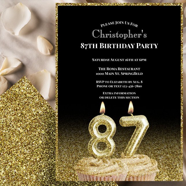 Invitación de cumpleaños 87 para él en negro y dor (Subido por el creador)