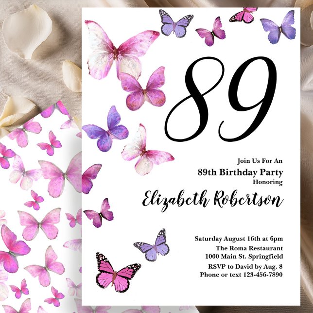 Invitación de cumpleaños 89 Butterfly en rosa/púrp (Subido por el creador)