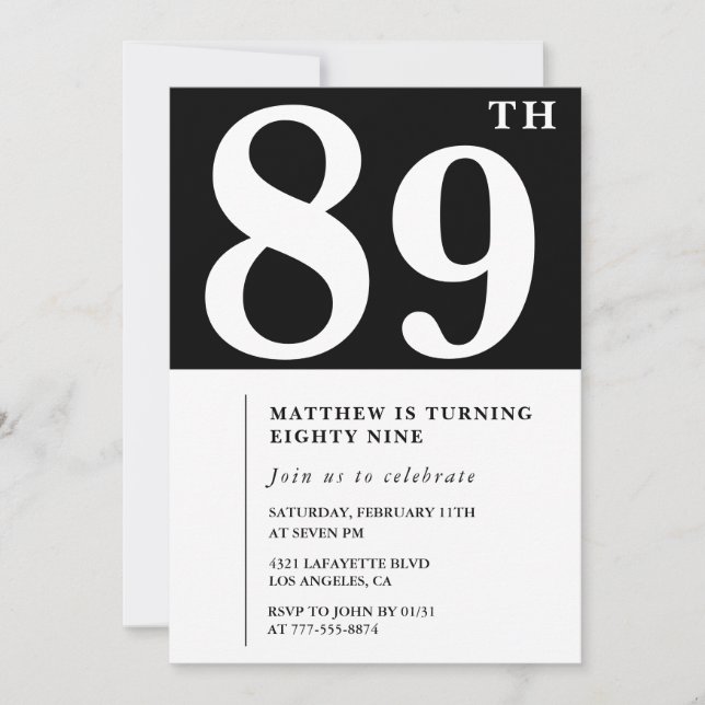 Invitación de cumpleaños 89 elegante negro blanco (Anverso)