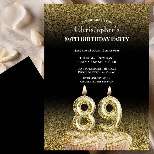 Invitación de cumpleaños 89 para él en negro y dor (Subido por el creador)