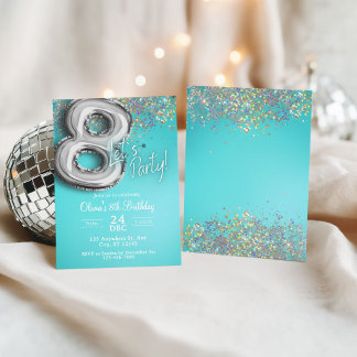 invitación de cumpleaños 8 azul turquesa con purpu