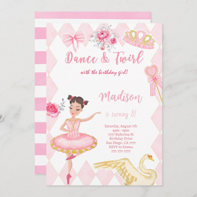 Invitación de cumpleaños 8 de bailarina  (Anverso / Reverso)