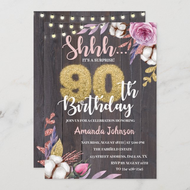 Invitación de cumpleaños 90 a Cotton Floral Rustic (Anverso / Reverso)