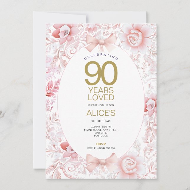 Invitación de cumpleaños 90 a Floral rosa de la ép (Anverso)