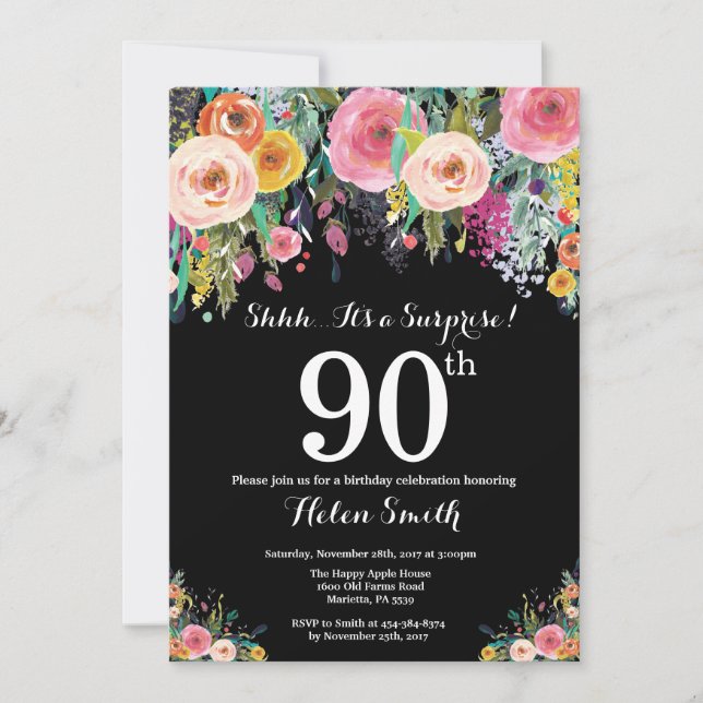 Invitación de cumpleaños 90 a Floral Surprise (Anverso)
