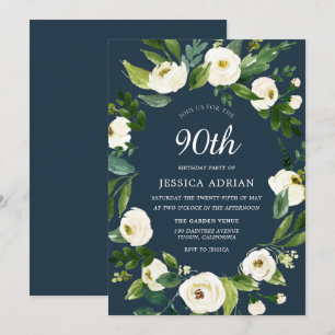 Invitación de cumpleaños 90 a la Flor blanca turqu