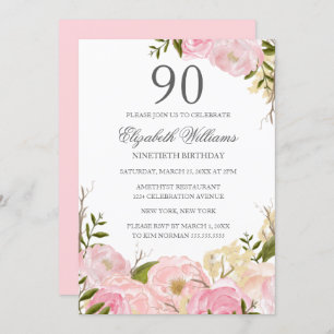 Invitación de cumpleaños 90 a la floral color de a
