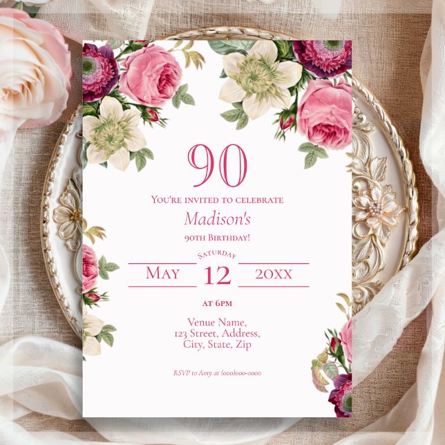 Invitación de cumpleaños 90 a la floral magenta (Subido por el creador)