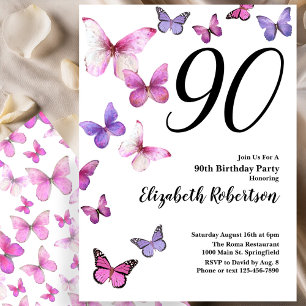 Invitación de cumpleaños 90 a la mariposa en rosa/