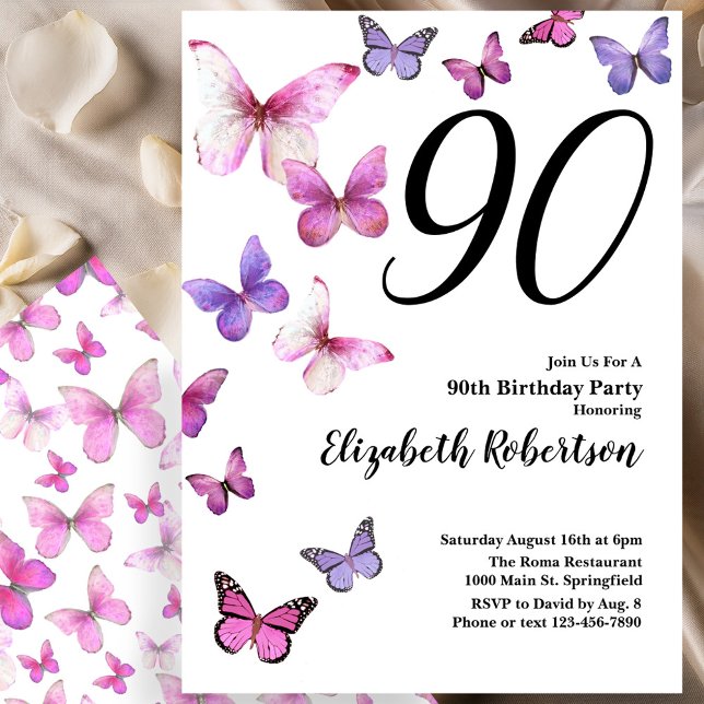 Invitación de cumpleaños 90 a la mariposa en rosa/ (Subido por el creador)