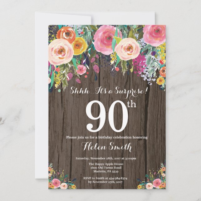 Invitación de cumpleaños 90 a la Rustic Floral Sur (Anverso)