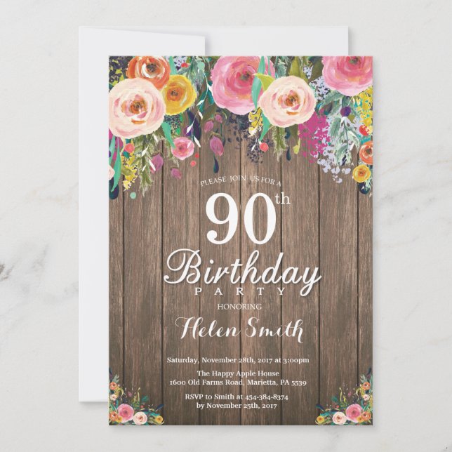 Invitación de cumpleaños 90 a mujeres con flor rús (Anverso)