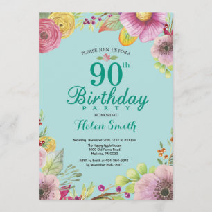 Invitación de cumpleaños 90 a mujeres Verde azulad