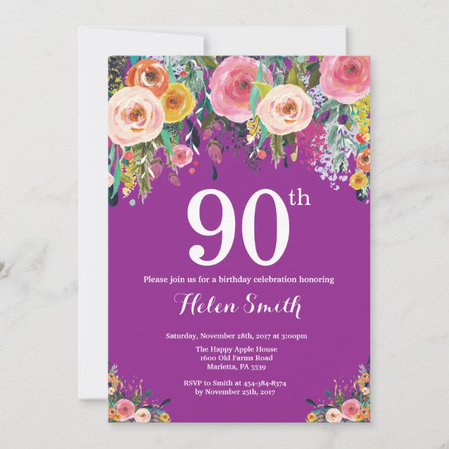 Invitación de cumpleaños 90 a Purple Floral (Anverso)
