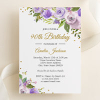 Invitación de cumpleaños 90 a Purple Gold Sparkle