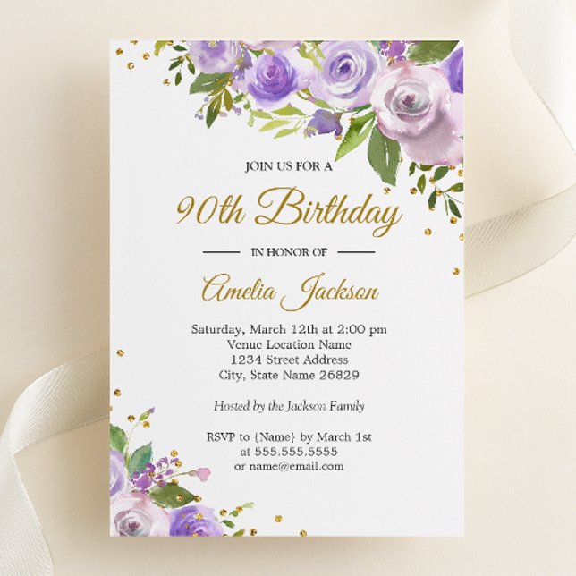 Invitación de cumpleaños 90 a Purple Gold Sparkle  (Subido por el creador)