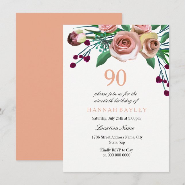 Invitación de cumpleaños 90 a Rosa de Borgoña Rosa (Anverso / Reverso)