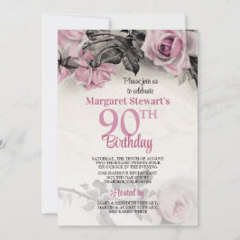 Invitación de cumpleaños 90 a rosas rosadas vintag
