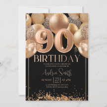 Invitación de cumpleaños 90 Black Rose Gold Balloo