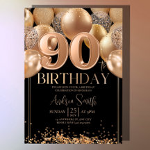 Invitación de cumpleaños 90 Black Rose Gold Balloo