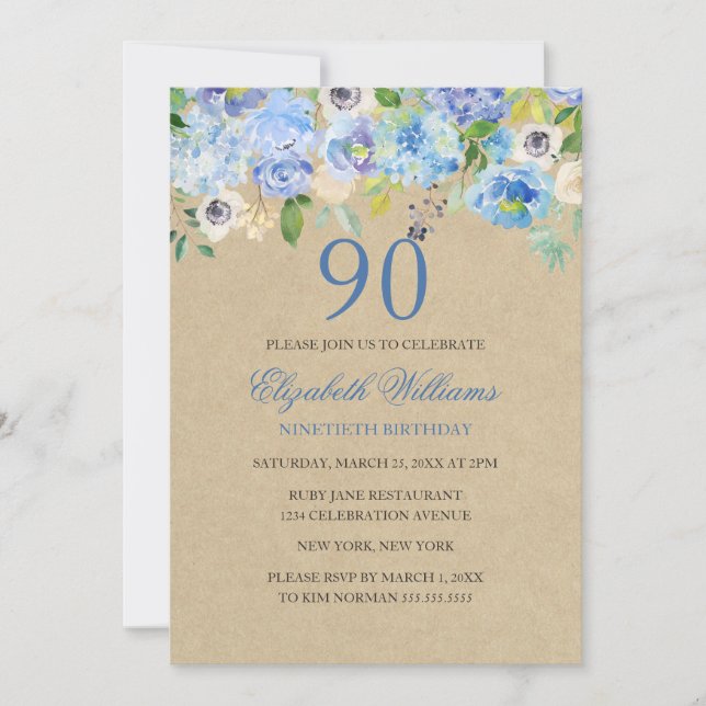 Invitación de cumpleaños 90 Blue Floral Watercolor (Anverso)