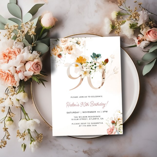 Invitación de cumpleaños 90 Blush Pink y floral do (Subido por el creador)