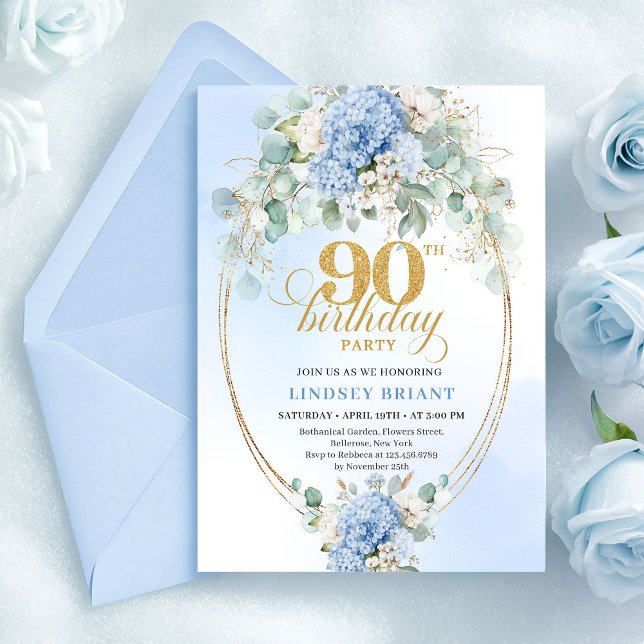 Invitación de cumpleaños 90 Boho Blue Hydrangea Gr (Boho Blue Hydrangea Greenery 90th Birthday Invite)