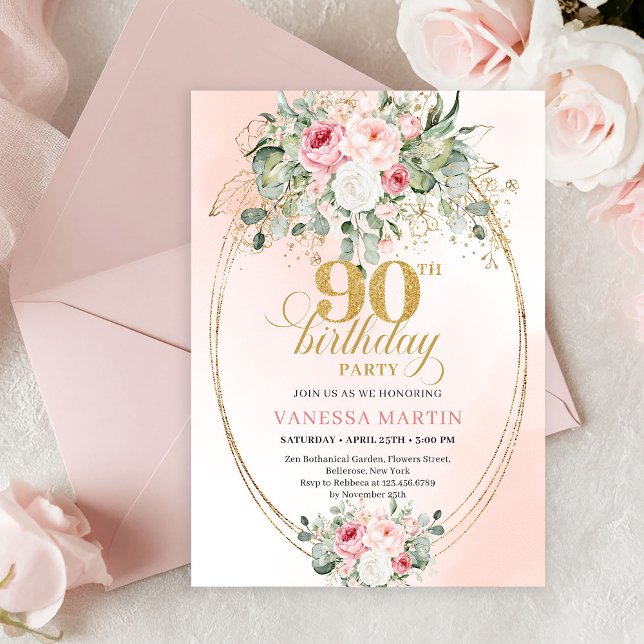 Invitación de cumpleaños 90 Boho Rosa Dorado Lujo (Delicate Blush Floral Greenery Elegant 90th Birthday Invite)
