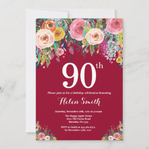 Invitación de cumpleaños 90 Burgundy Floral