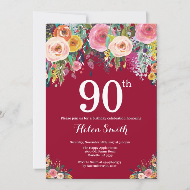 Invitación de cumpleaños 90 Burgundy Floral (Anverso)