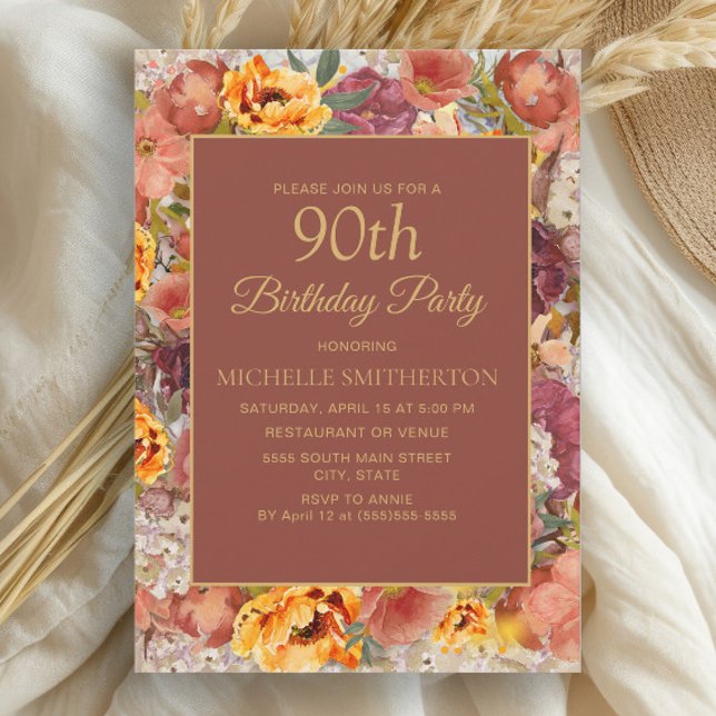 Invitación de cumpleaños 90 Burnt Orange Cream Rus (Elegant burnt orange and rust watercolor floral fall-colored 90th birthday party invitation)