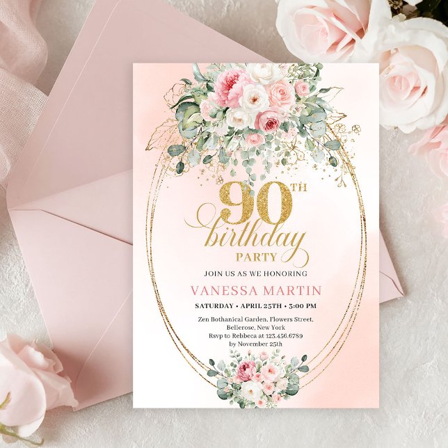 Invitación de cumpleaños 90 Chic Blush Floral Gree (Chic Blush Floral Greenery 90th Birthday Invitation)