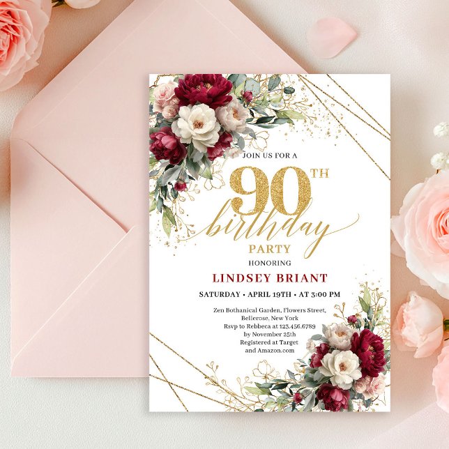 Invitación de cumpleaños 90 Chic Deep Red Gold Ros (Chic Deep Red Gold Roses 90th Birthday Invitation Card

)