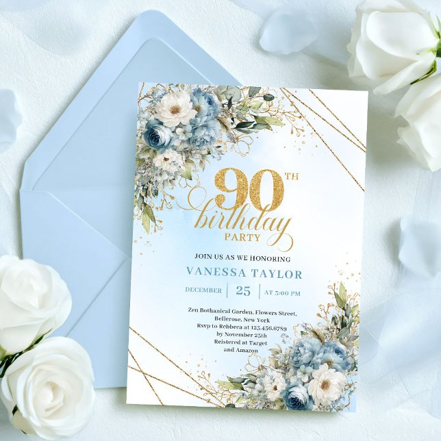 Invitación de cumpleaños 90 Chic Dusty Blue Gold S (Chic Dusty Blue Gold Script 90th Birthday Invite

)